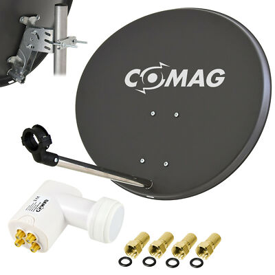 COMAG Digitale SAT Anlage 60 cm Satelliten Spiegel Schüssel + QUAD LNB 0,1 grau