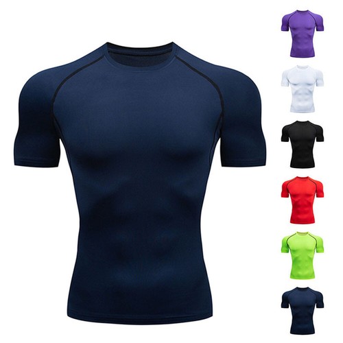 Men Short Sleeve Quick Dry Compression T Shirt Gym Tops Activewear Basic Tees - Picture 10 of 20