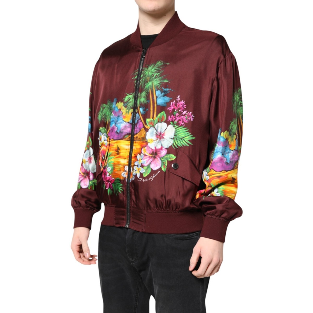 ジャケット・アウター DOLCE&GABBANA/zip flight jacket DOLCE & GABBANA Jacket Maroon Floral Print Full Zip Bomber