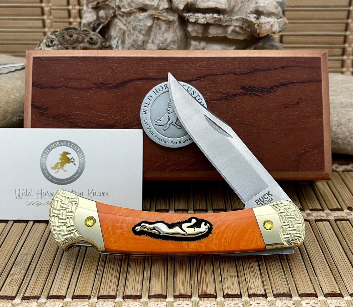 Buck 110 Wild Horse Custom Orange Pearl GOLD JAGUAR Knife w  