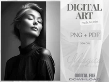 Female Portrait, Relax, Intense, Ecocative, Digital AI Art, Print, Poster, B&W