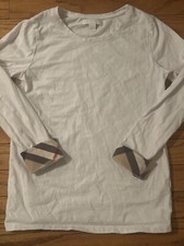 Burberry Children Girls Boys White Nova Check Long Sleeve T Tee Shirt 10 10Y