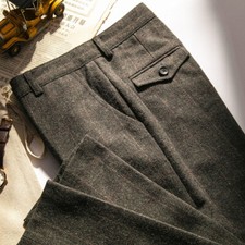Mens Retro Wool Blend Tweed Trousers Straight Pants Slim Warm Casual Trousers