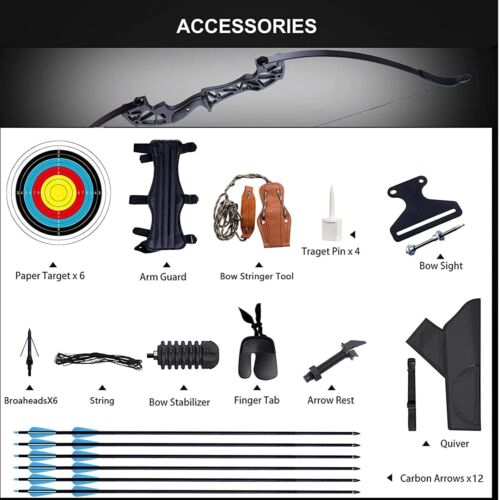 Recurve Bow and Arrow for Adults 12 Carbon Arrows Hunting Bow Set Longbows Arrow - Picture 4 of 12