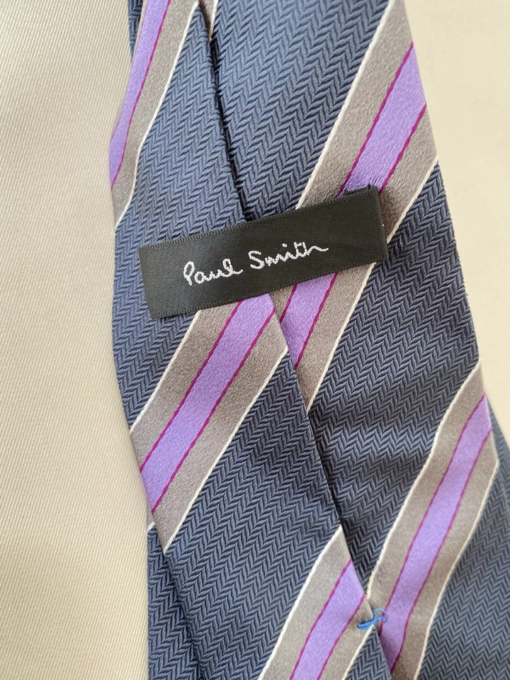 Corbata para hombre PAUL SMITH hecha en Italia gris seda a rayas. PEC Foto 3 de 4