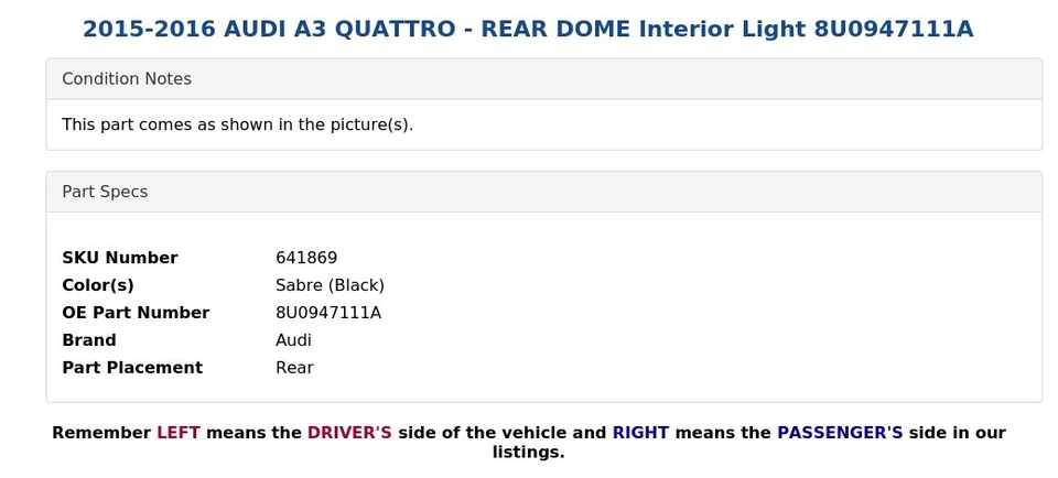 AUDI A3 QUATTRO 2015-2016 - DOMO TRASERO luz interior 8U0947111A Foto 4 de 4