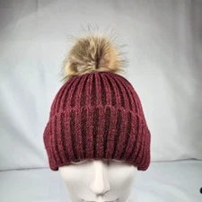 Virginia Wolf Burgundy Ribbed Knit Beanie with Faux Fur Pom Pom