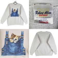VTG 90s Cat Kitten Crewneck Sweatshirt Womens Medium White Made USA AOP