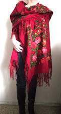 NWOT Vintage Pavlovo Posad Wool Extra Large Shawl Wrap Red Roses 60"x58"