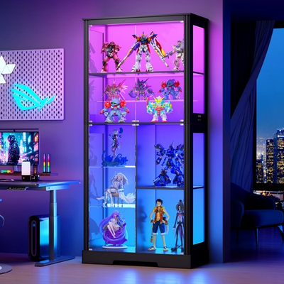 #ad Gurexl Display Cabinet with Glass Doors Display Case w RGB Lights for Figures $208.79