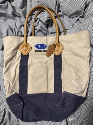 LL Bean Tote Bag Subaru Leather Handle Cream White Blue PLAID LINING VINTAGE