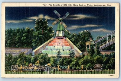 1941 Youngstown Ohio OH Vintage Postcard The Rapids Old Mill Idora Park Night