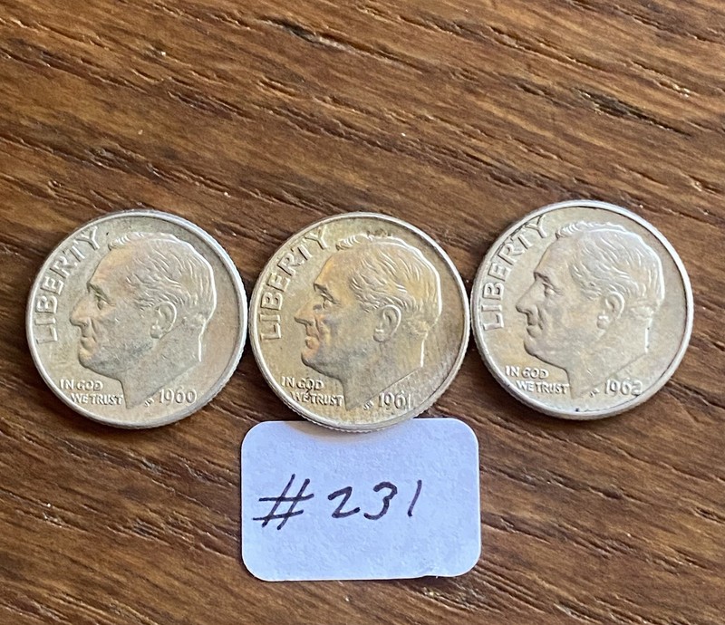 3 Roosevelt Dimes 90% Silver Lot 1960-D 1961-P 1962-D Constitutional Fractional