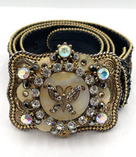 VTG Crystal Butterfly Belt buckle w/leather embroidered belt Gold Mother of Prl