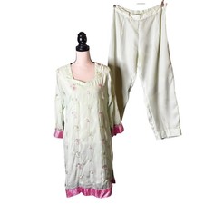 Kurta Womens Embroidered Tunic Pants Set Light Green Pink Floral 3/4 Sleeve
