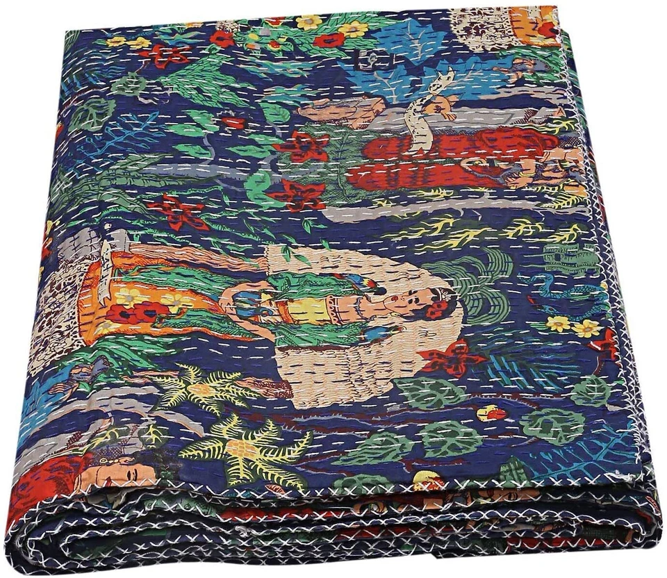 Indian Cotton Frida Khalo Kantha Quilt Screen Printed Blanket Coverlet Bedspread - Image 3 of 4
