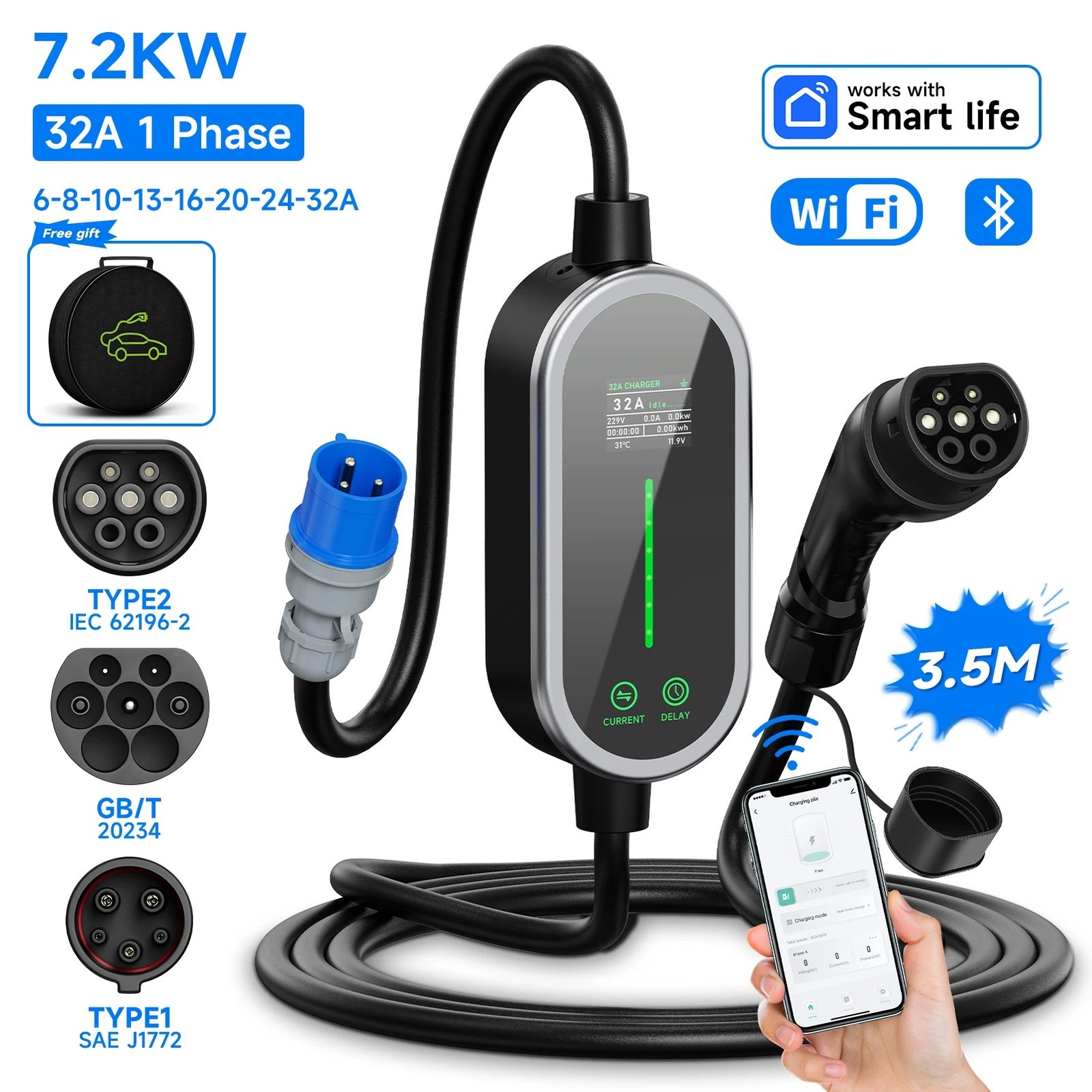 Portable EV Charger 7.2 kW 32 A 1-Phase — Type1 GB T Type2, Wireless App Control