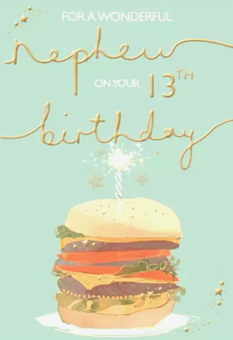Birthday Card NEPHEW 13th 13. *Nine Inch Gold-Foiled Card, Paper pages inside*