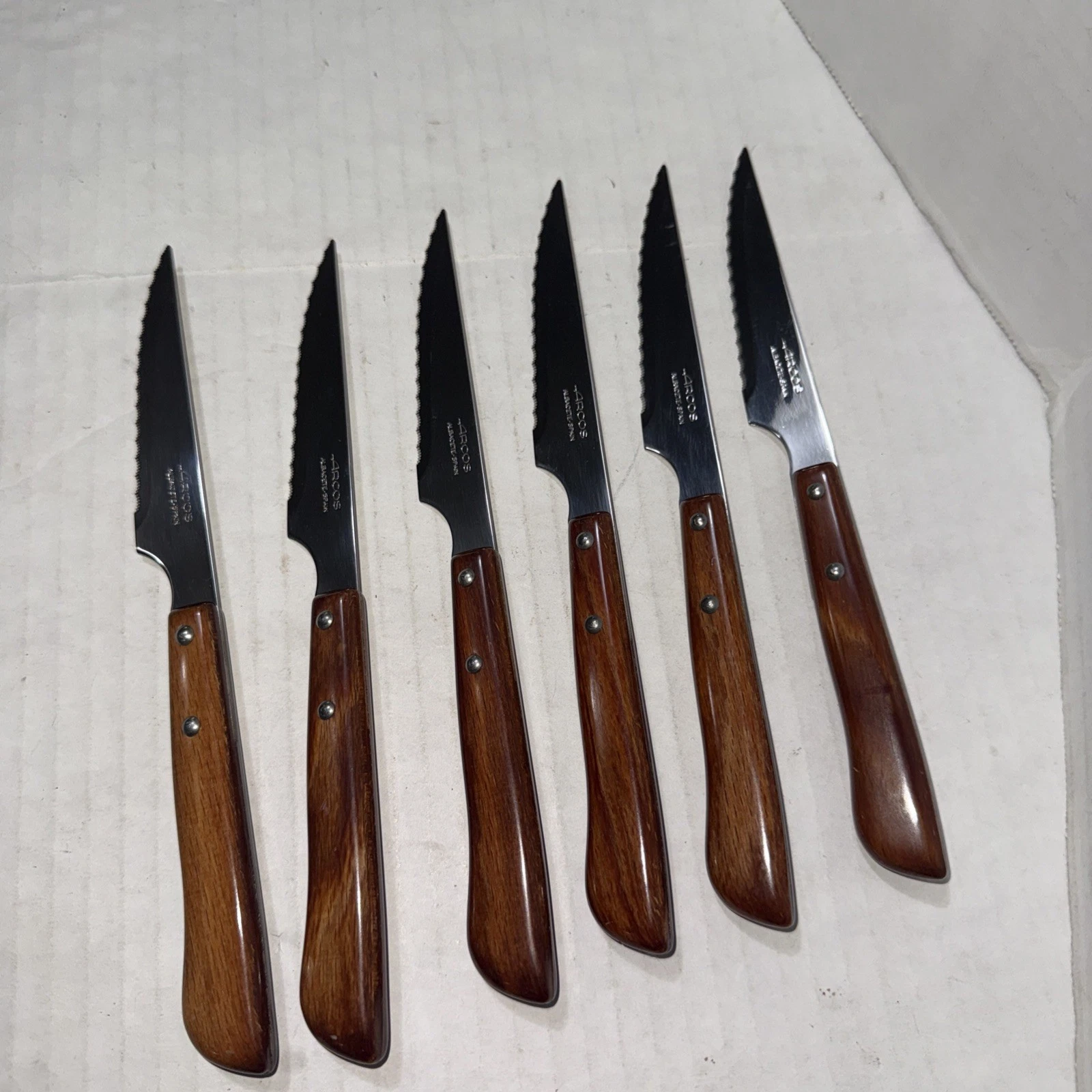 Vintage Set Of 6 ARCOS Serrated Steak Knives Wood Handles EUC Free Shipping