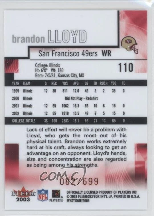 2003 Fleer Mystique /699 Brandon Lloyd #110 Rookie RC - Image 2 of 2