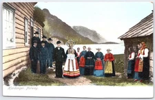Vintage Hardanger Norway Postcard Traditional Costumes Scenic Fjord