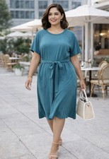 Lane Bryant Dress 14/16 Teal Belted Midi Short Sleeve Casual Career Flowy NWT