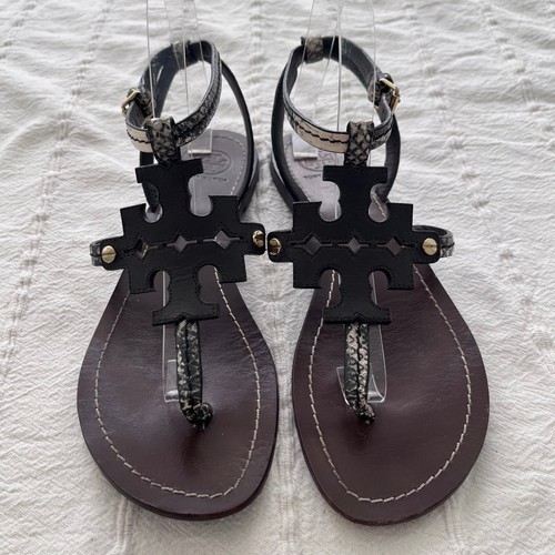 Tory Burch Chandler Snake Print T-Strap Leather Flat Sandals Women’s 7.5