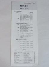 Nikon Cameras Price List Brochure From August 1, 1970