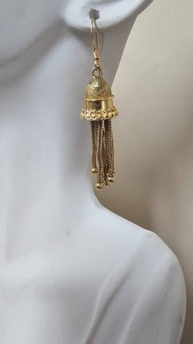 Victorian 14k Gold Long Tassel Earrings, Antique Statement Jewelry - Picture 4 of 12