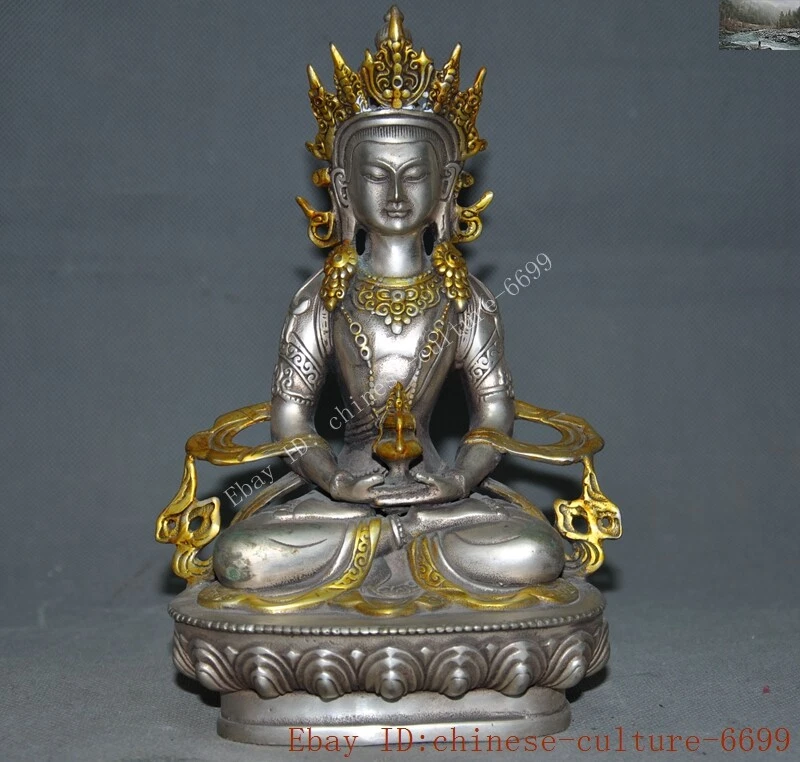 Tibet Budismo Tibetano Plata Dorado Kwan-Yin GuanYin Diosa Blanco Tarai Estatua Foto 4 de 4