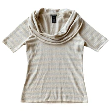 Holt Renfrew Cashmere Blend Beige & Silver Striped Cowl Sweater Size Extra Large