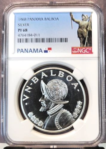 1968 PANAMA SILVER 1 BALBOA VASCO NUNEZ NGC PF 68 BEAUTIFUL HIGH GRADE COIN