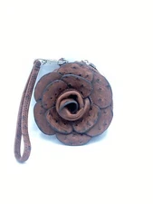 Faux Leather Rose Shaped Wristlet Coin Purse With Strap and Zipper Brown PVC