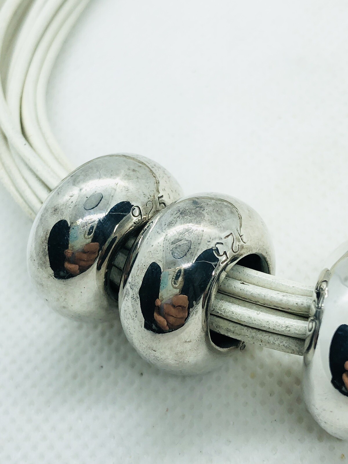 Solid Sterling Silver 13 Strand White Leather Sta… - image 6