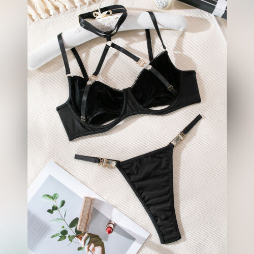 Women Sexy Sheer Lingerie Set Bra Garter Belt Underwear Nightwear Set Bodysuit - Picture 10 of 17