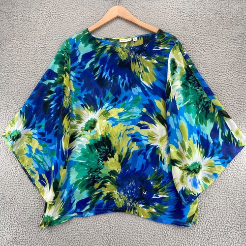 Susan Graver Top Womens Extra Large Blue Green Floral Blouse Kimono Slit Sleeve - Picture 10 of 11