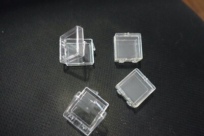 16 Small Hinged Plastic Storage Boxes 1'' x 1'' x 1/2''.  Clear as glass!