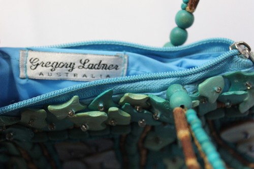 Hand Crafted Shell Beaded Purse Handbag Turquoise Zip Closure Gregory Ladner VGC - Picture 7 of 24