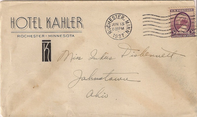 Vintage Hotel Envelope, Hotel Kahler, Rochester, Minnesota - 1937