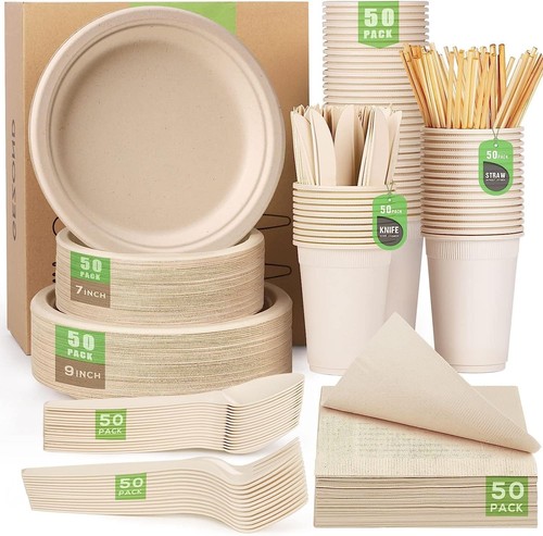 400pcs Compostable Paper Plates Set Eco-friendly Heavy-duty Disposable Paper ...