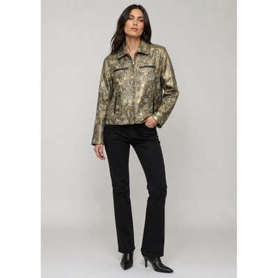 Chico's Baroque Metallic Moto Jacket Womens 0 Small Gold Floral Full Zip Pockets