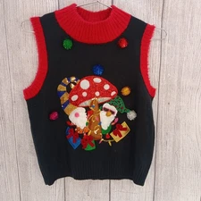 Ugly Christmas Sweater Vest Womens Large Gnome Mushroom Holiday Knit 33 Degrees