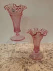 2-Vintage Fenton Vase Raised Relief Daffodil Ruffle Top Rose Pink 7.5” Tall MCM
