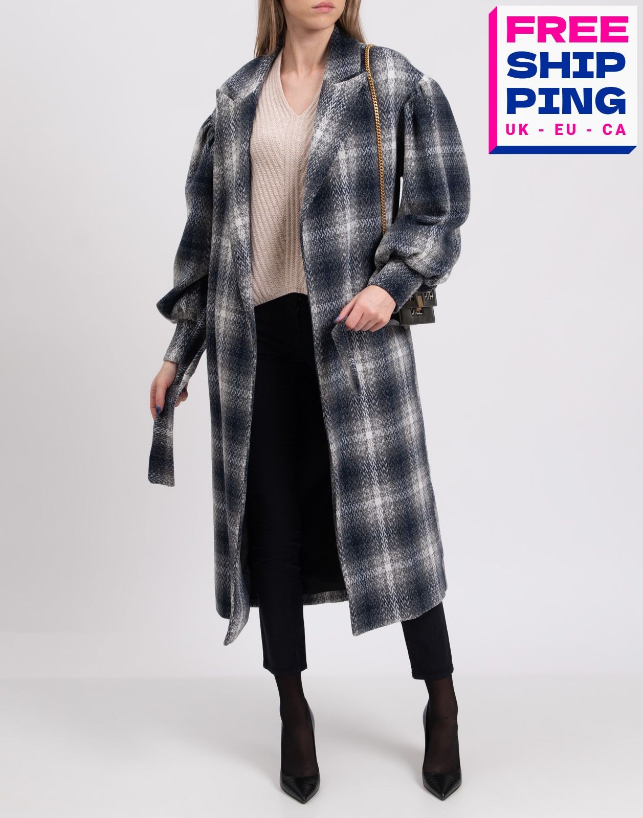 RRP€361 UN_FURTIVE Coat IT44 US8 UK12 L Plaid Bishop Sleeve Made in Italy