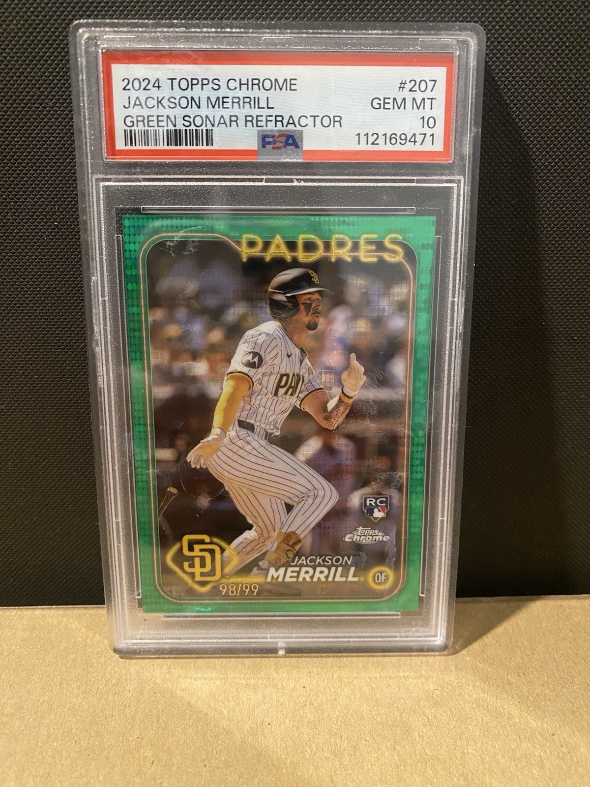 2024 Topps Chrome - Jackson Merrill #207 Green Sonar Refractor /99 (RC) PSA 10