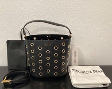 Veronica Beard Small Grommet Feedbag Crossbody Black Leather Gold Pouch 8"x8"x6"