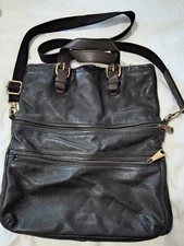 Fossil Explorer XL Black Leather Fold Over Crossbody Hobo Tote Shoulder Bag