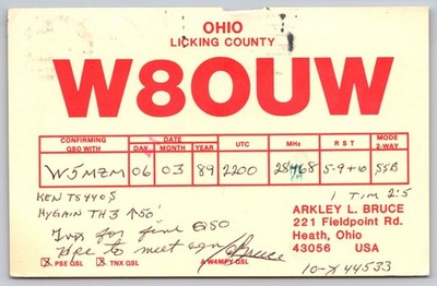 1989 W8OUW Heath Ohio QSL Card Amateur Radio W5MZM Columbus Postmark A401