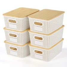 6 Pack Plastic Storage Baskets with Bamboo Lids for Organization