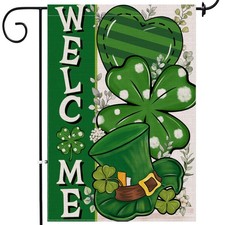 St Patricks Day Garden Flag, Outdoor Decor Shamrock Clovers Yard Flag 12x18 Doub
